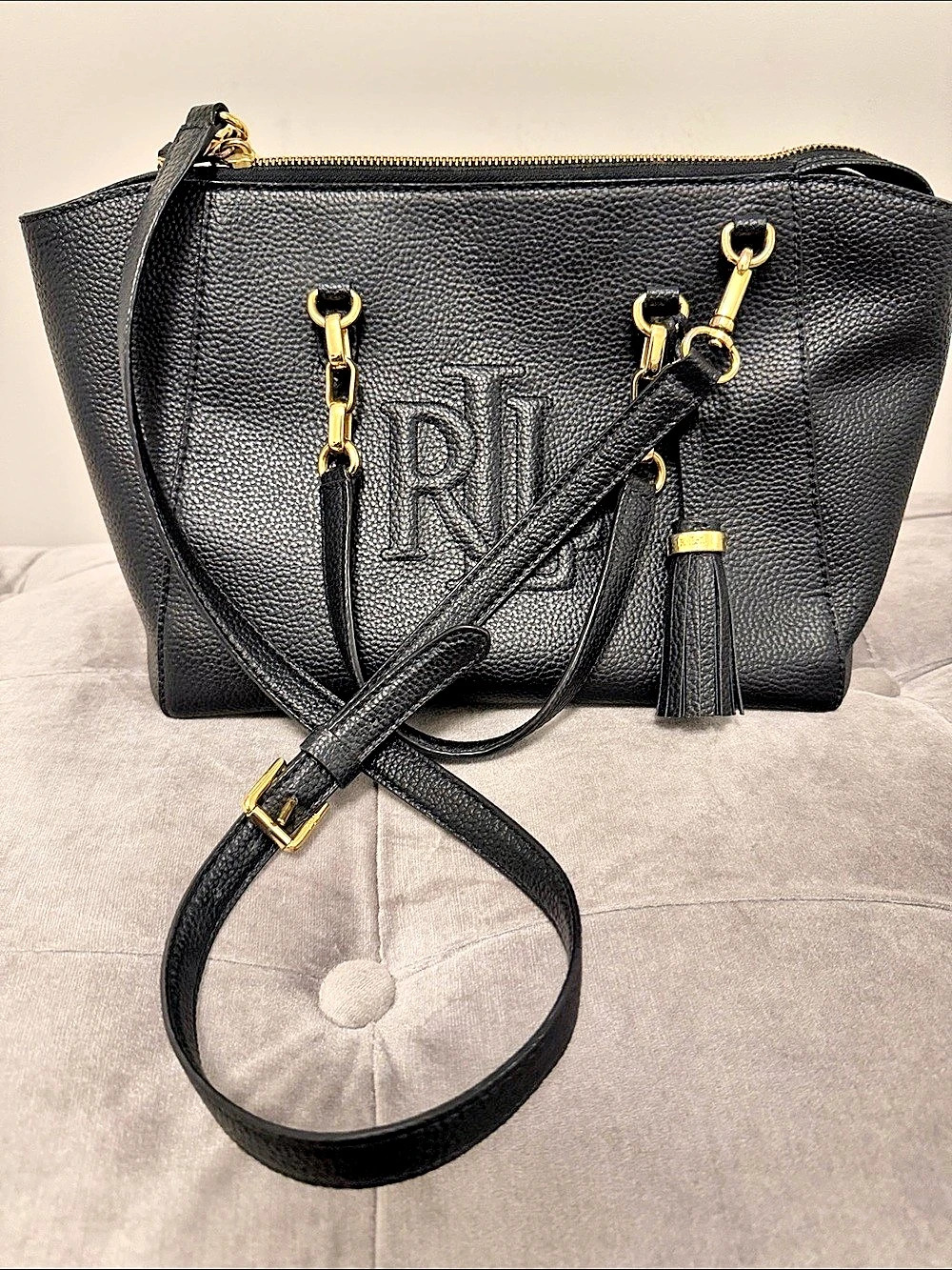 Ralph Lauren RL Logo Tote Black Tote with Tassel Like New - Picture 4 of 10